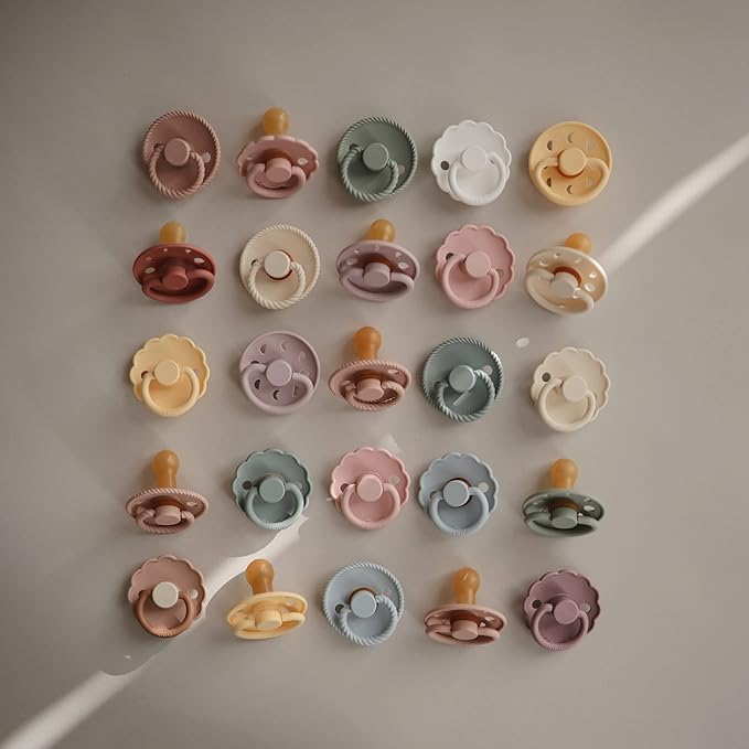 FRIGG Daisy Natural Rubber Baby Pacifier | Made in Denmark | BPA-Free (Poppy/Lupine, Size 1) 2-Pack