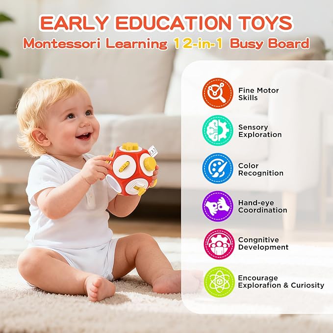 Montessori Activity Cube & Busy Board for 1 Year Old - 12-in-1 Travel Toys for Airplane & Car, Car Seat & Stroller Activity Toy, Toys Gift for 1 Year Old Boy Girl, Valentine Gifts for Kids