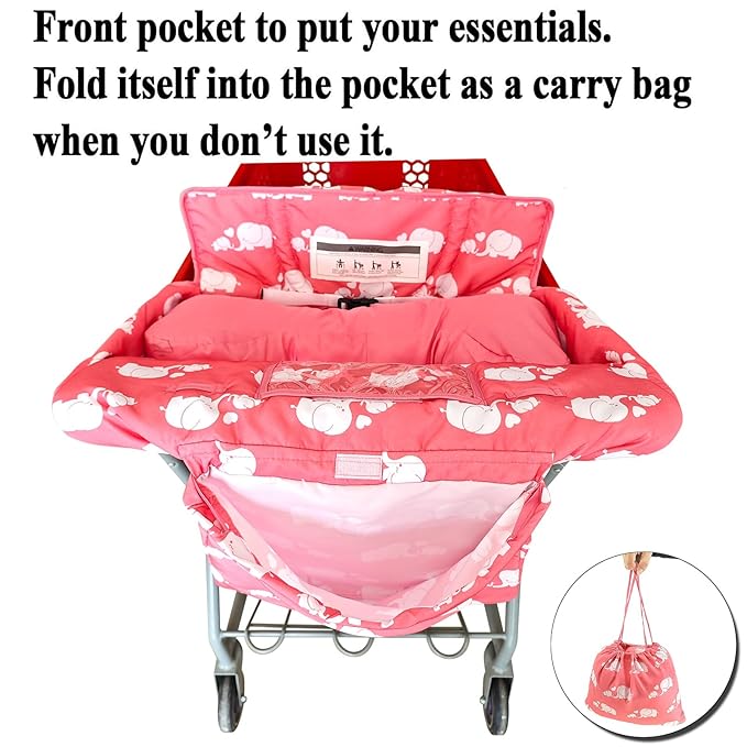 Love&go Soft Pillow Attached 2-in-1 Shopping Cart and High Chair Cover for Baby, Cotton Padded Cart Cover, Fold'n Roll Style, Portable with Carry Bag (Pink Elephant)