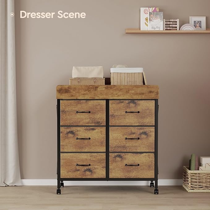 Baby Changing Table Dresser with Wheels, 6-Fabric Drawer Baby Dresser with Changing Table Top, Waterproof Diaper Changing Station & Pad, Mobile Storage Unit, Baby Furniture, Rustic Brown