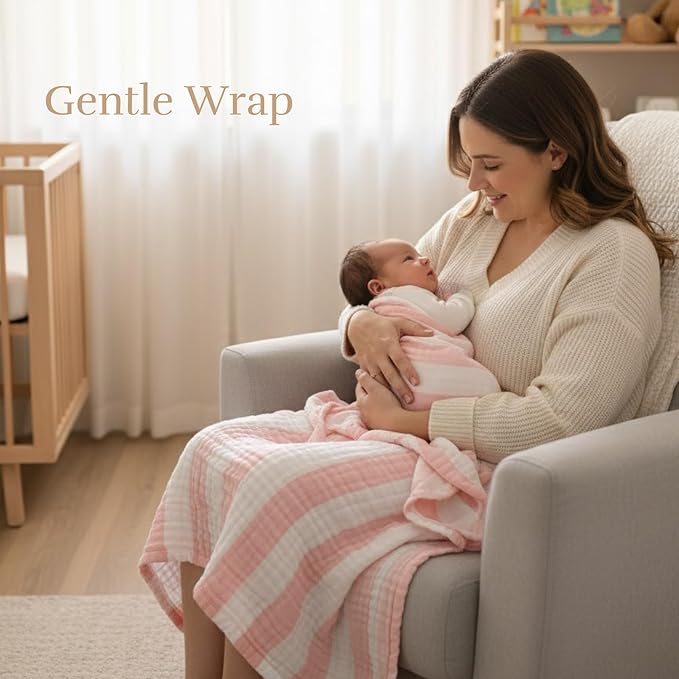 Muslin Baby Towel 5 Pieces Set, 100% Organic Cotton, Soft & Absorbent for Newborns to Toddlers, Baby Registry or Shower Gift (Pink Striped)
