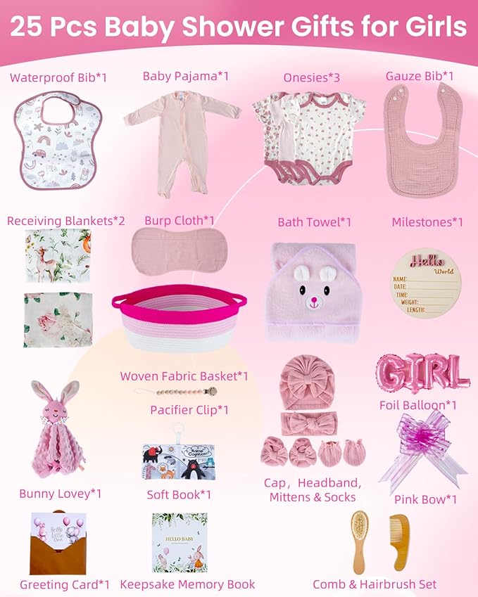 25-Pcs Luxury Baby Girl Gift Basket Set, Pink (0-12M Newborn) | Premium Baby Shower Gifts with Keepsake Memory Book. Ultimate Newborn Essentials in Woven Basket for Unforgettable Welcome Mom Gift