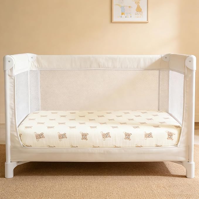 100% Organic Cotton Muslin Pack and Play Sheets Fitted 38”x26”, Mini Crib Sheets Compatible with Graco/hiccapop/YENING/Dream On Me/Babylicious Pack N Play Mattress, Playard Bedding Sheet Bed Cover