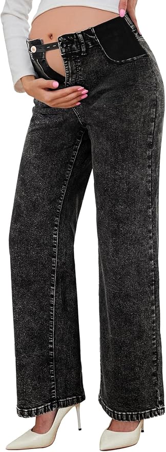 BLENCOT Maternity Jeans for Women High Waist Straight Leg Pregnancy Denim Pants with Pockets