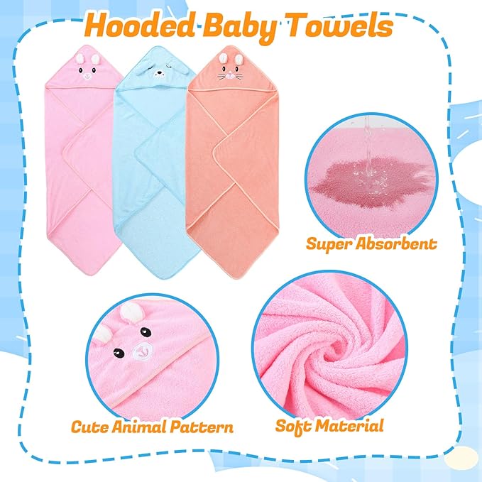 12 Pcs Baby Bath Towels Set, 3 Pcs Animal Hooded Baby Towels and 9 Pcs Washcloths Set for Newborn Infants Toddlers Ultra Absorbent Cute Soft Baby Towels for Boys Girls 31x31 inch
