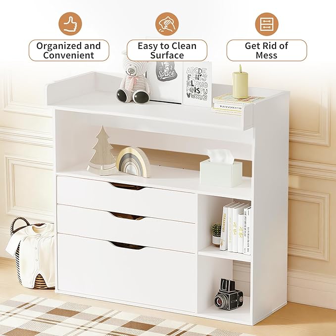 Pipleo Baby Changing Table Dresser with 3 Drawers and 3 Storage Shelves, Can be Used as a Baby Dresser with Changing Table Top, a Baby Changing Station, a Wood Diaper Changing Station (White)