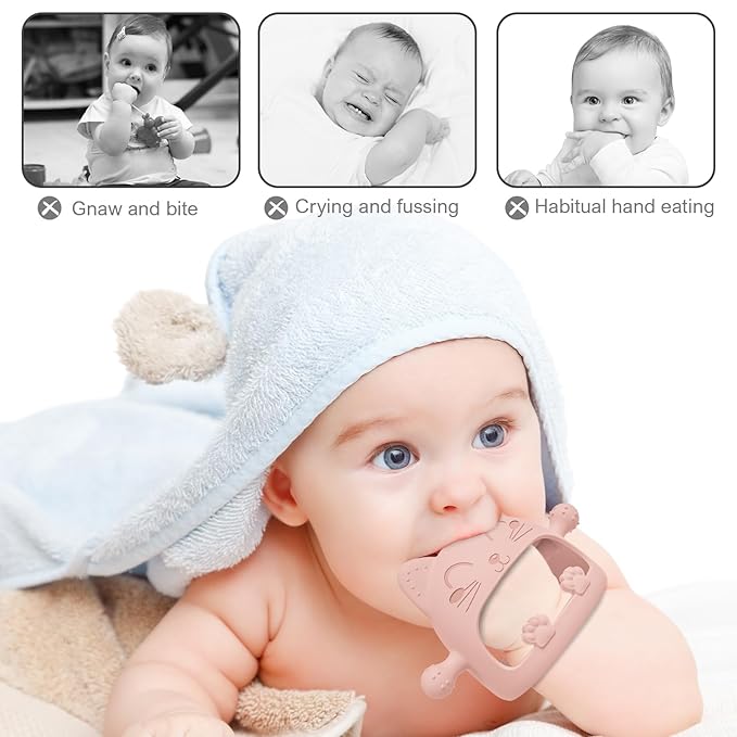 Silicone Teether Toys for Babies 0-6 Months, Never Drop Baby Chew Toys for Teething Relief, Ideal Gifts for Baby Shower (Cartoon Cat)