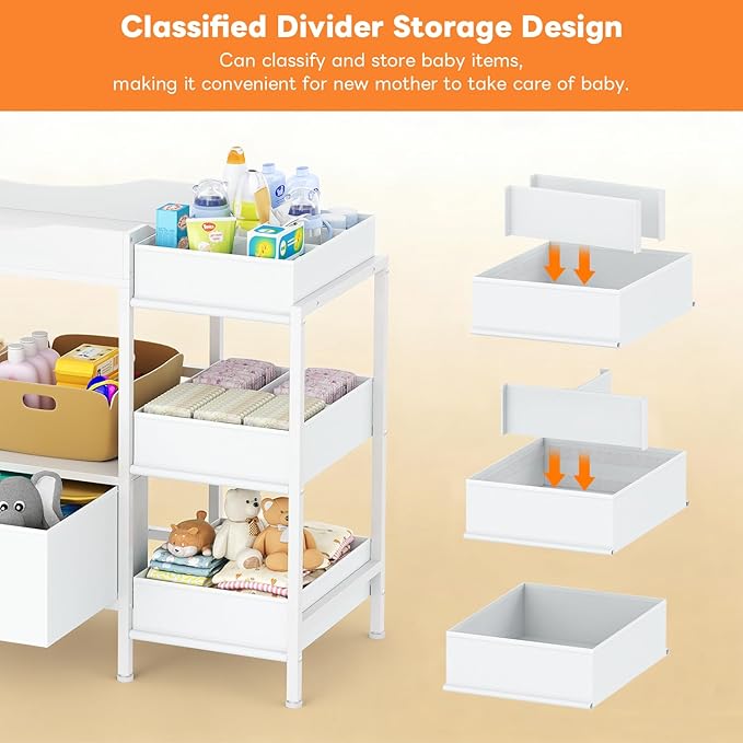 Baby Changing Table with Storage,Heavy-Duty Diaper Changing Station, White Nursery Dresser Organizer with 2 Large Fabric Baby Drawers, 3 Diaper Caddy Bin & Wood Shelf, Kids & Baby Bedroom Furniture