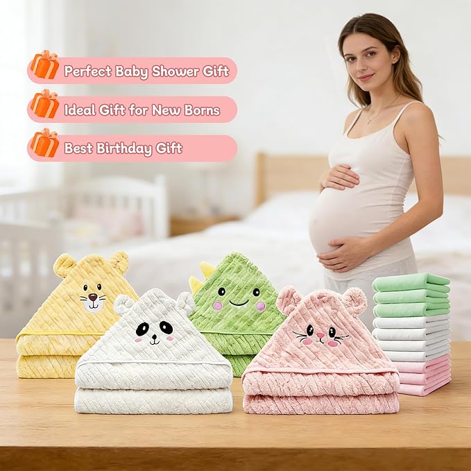 14 PCS Baby Bath Towels Set for Girls, 4 PCS Animal Hooded Towels & 10 PCS Washcloths, Ultra Soft & Absorbent Newborn Infant Toddler Towels in Pink Green Yellow White