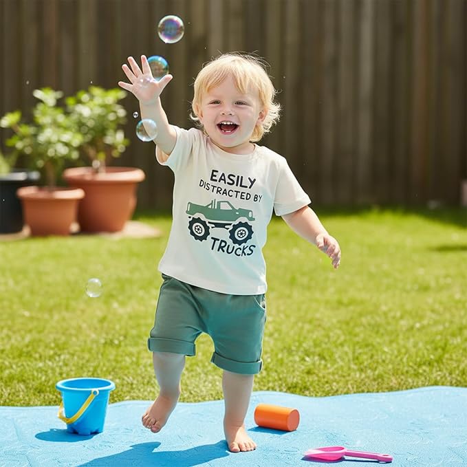 Toddler Baby Boy Clothes Summer Short Sleeve Trucks Tractors Print T-Shirt Tops Solid Color Shorts Set Casual Outfit