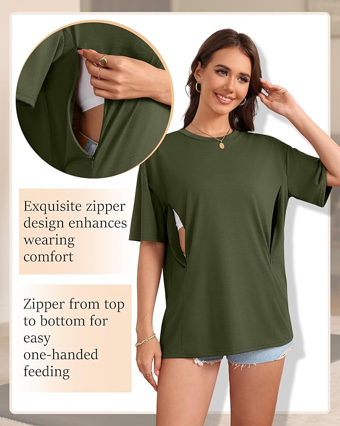 3 Pack Women's Oversize Nursing Breastfeeding Shirts Hidden Zipper Short Sleeve Loose Fit Maternity Tops