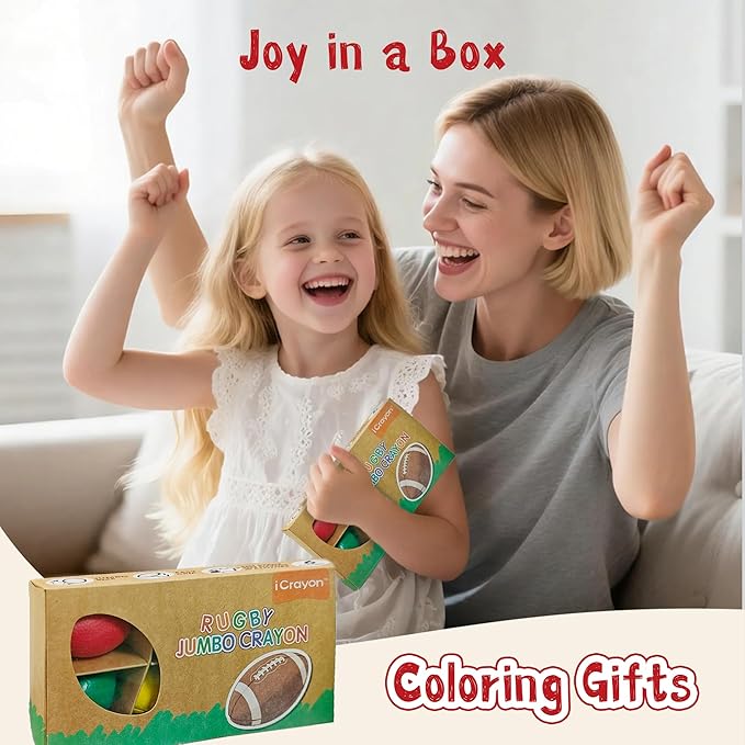 Jumbo Crayons, Football Big Crayons for Toddlers and Babies, 6 Colors, Unbreakable, Non-Toxic, Easy Grip for Small Hands, No Mess Coloring, Baby Learning Gifts