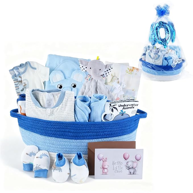 22-Pcs Baby Boy Gift Basket Set, Blue (0-12M Newborn) | Premium Baby Shower Gifts for Boys: Newborn Essentials Set in Woven Basket with Balloon & Bow, Ultimate Welcome Baby Package