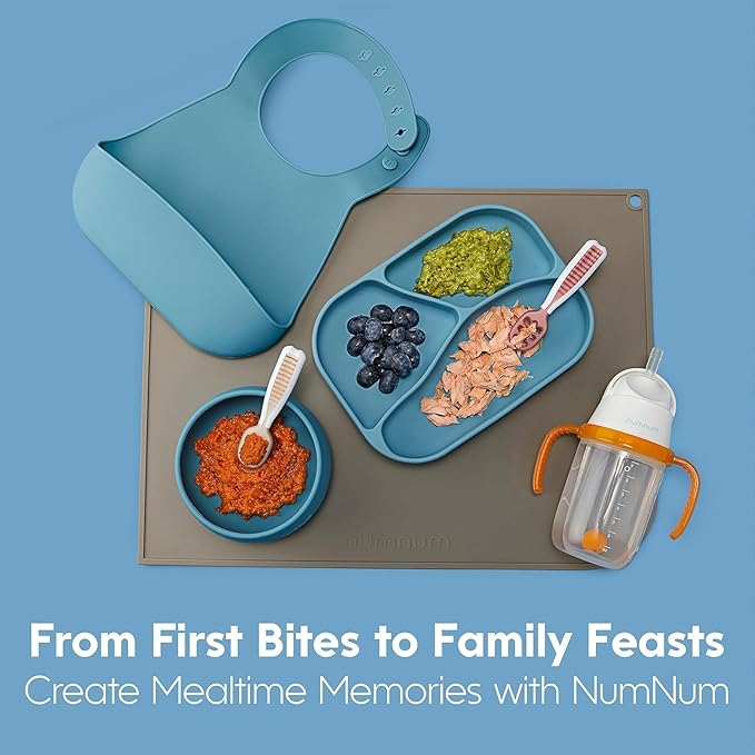 NumNum Baby Spoons Set, Baby Essentials Pre-Spoon GOOtensils for 6+ Months, First Stage Self-Feeding Spoons for Baby Led Weaning (BLW), Silicone Toddler Utensils, BPA-Free, 2 Pack Blue/Green