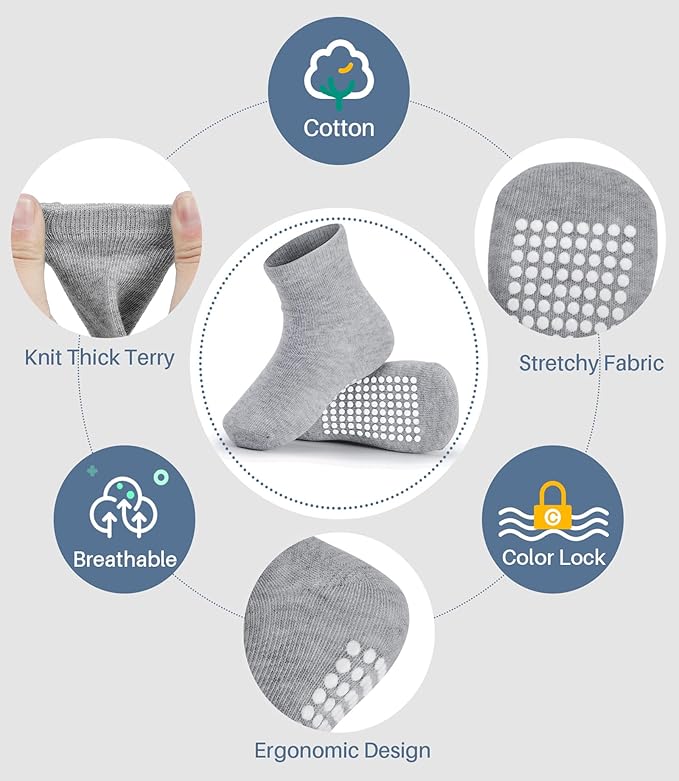 JAKIDAR 12 Pack Baby Toddler Socks Non Slip Grip Cotton Crew Socks for Boys Girls Infants Kids