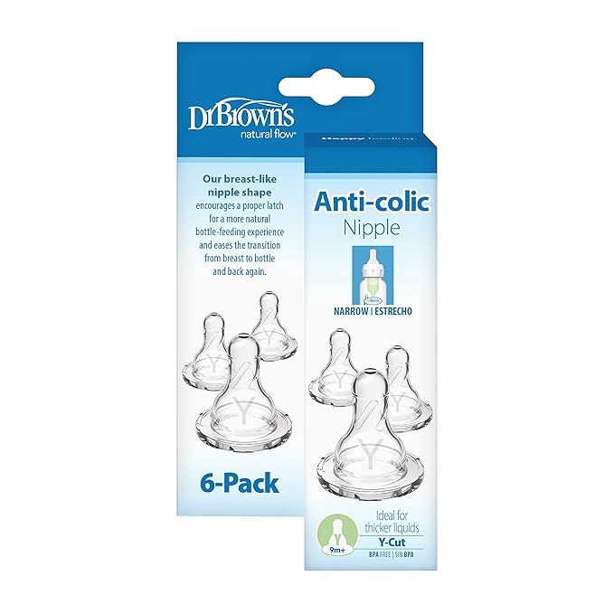 Dr. Brown’s Natural Flow Y-Cut Narrow Baby Bottle Silicone Nipple, Ideal for Thicker Liquids, 9m+, 100% Silicone Bottle Nipple, 6 Count
