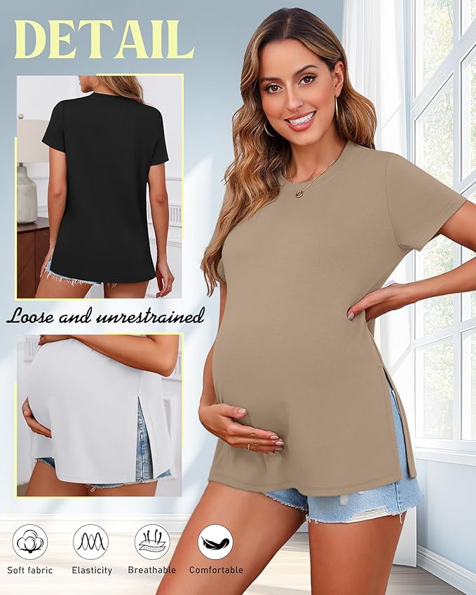Ficerd 3 Pack Women's Maternity T Shirts, Short Sleeve Side Split Pregnancy Tops Casual Crew Neck Pregnant Tees Mama Clothes
