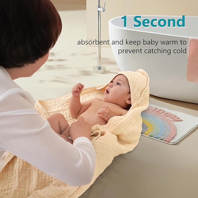PHF 2 Pack Baby Hooded Towels, 100% Muslin Cotton Baby Bath Towel with Hood for Newborn, Infant, Toddler, Ultra Soft and Absorbent Baby Essentials Bath Towels for Boys Girls, 32x32Inch, Beige & Green