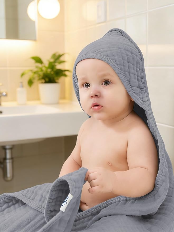 Muslin Hooded Baby Bath Towels - 3 Pack 100% Cotton Ultra-Soft Towels for Newborns, Infants, Toddlers - 32x32 Inch - Highly Absorbent, Quick-Dry Essentials for Bath, Beach, Pool, Grey Blue Series