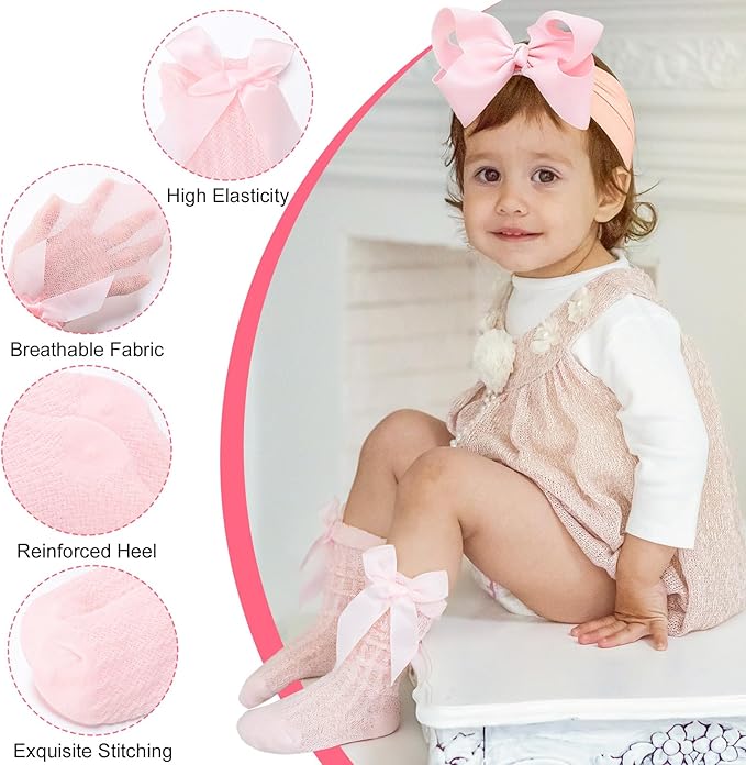 JATEBI Baby Girls Big Bow Headband and Knee High Socks Cute Bows Lace Soft Super Elastic Headband for Baby Girls Newborn Infant Toddlers