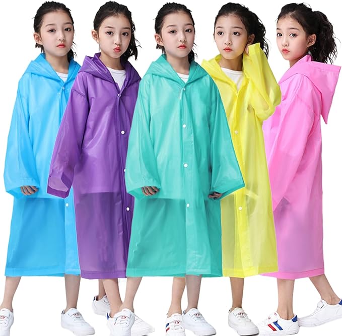 Raincoat Rain Poncho for Kids, 2-5 Pack Reusable EVA Rain Coats for 6-14 Boys Girls, Rain Jackets Gear with Hood