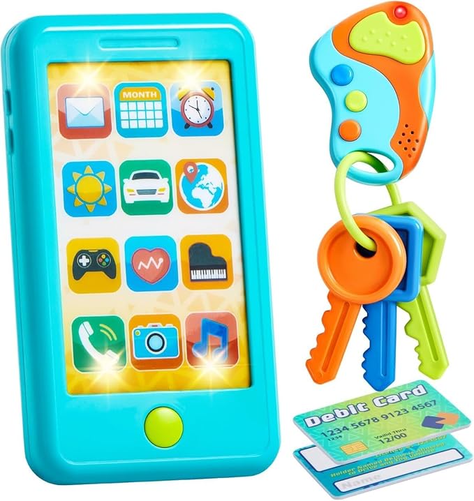 Pretend Toddler Phone, Learning Toy Phone Set,Keyfob Key Toy and Credit Cards Set, Kids Cellphone, Girls Boys Birthday Gifts for 1 2 3 Year Old,Baby Blue, Kids Presents, Easter Basket Stuffers