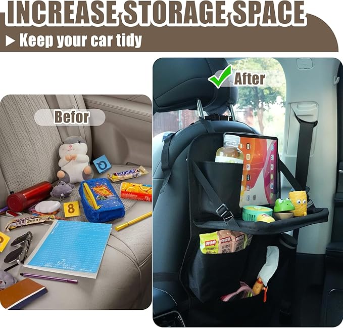 Car Seat Organizers,Multi-functional Back Seat Protectors, Storage Pouches, Child kicking prevention and Tray Holders Kick Mats Back (for Cars, Kids,and Rear Seats) (Black, 2 Pack with Food Tray)