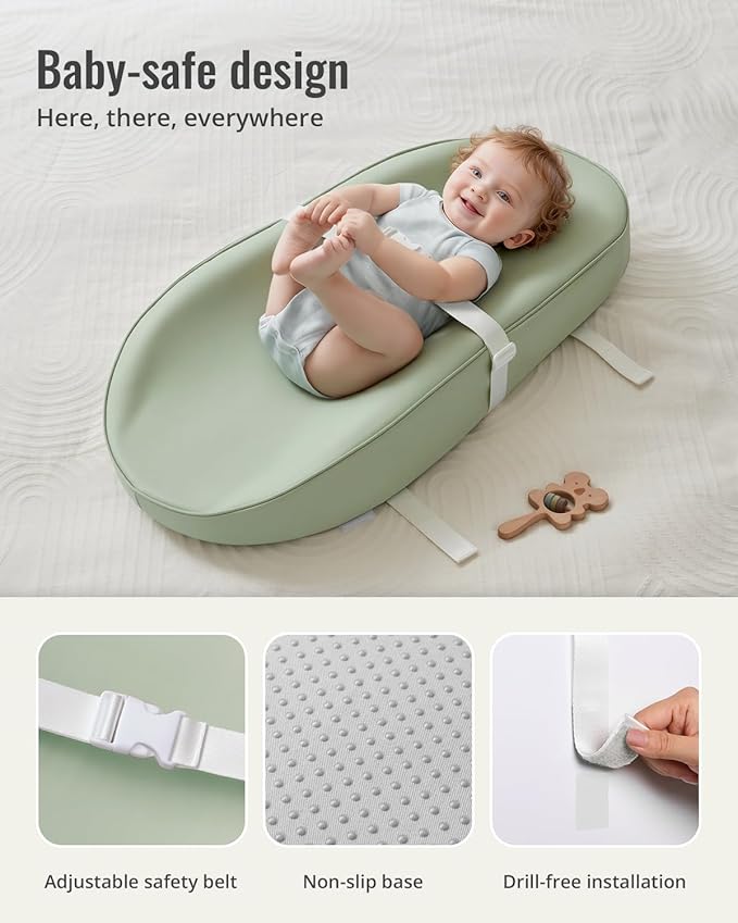 Blissful Diary Vegan Leather Baby Changing Pad with Waterproof & Wipe-Clean PU Cover, Avocado Size Cozy Diaper Changing Pad for Dresser and Table, Light Green