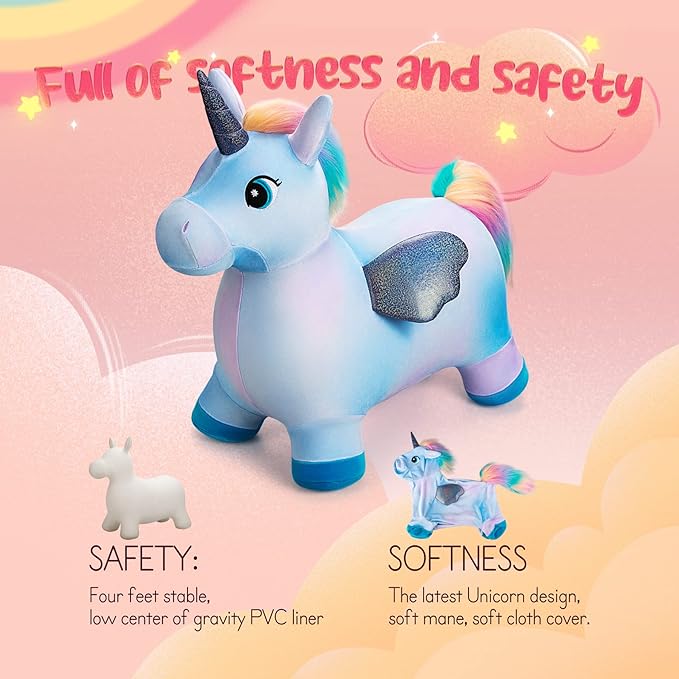 U&C Planet Multi Colored Unicorn Bouncy Horse for Toddlers, Bouncy Animals for Toddlers, Animal Hopper Bouncing Toys Gift for 18 Months 2 3 4 5 6 Years Old Outdoor Indoor with Pump