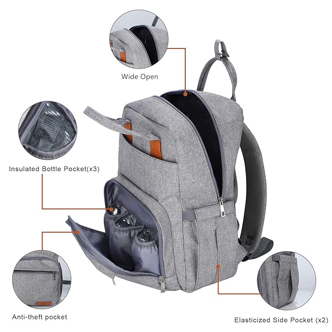 Land Diaper Bag Backpack Large Capacity Waterproof Baby Travel Bag for Dad Mom Light Grey