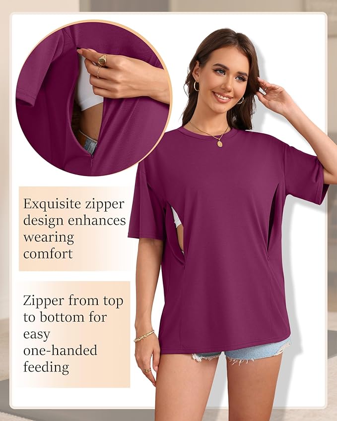 3 Pack Women's Oversize Nursing Breastfeeding Shirts Hidden Zipper Short Sleeve Loose Fit Maternity Tops