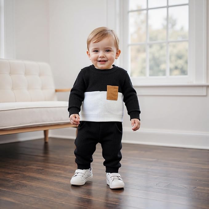 Toddler Baby Boy Fall Outfit Long Sleeve Crew Neck Contrast Color Sweatshirt Top Pant Cute Newborn Infant Waffle Clothes