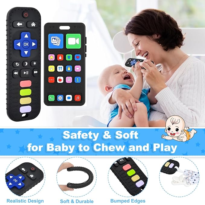 Teether Toys, Teething Relief Teethers Toys for Babies 3-6 12 Months, Play Phone Remote Control Keyboard Toy for Newborn Infant Boy Girl Autism Essentials, Food Grade Silicone Sensory Toy