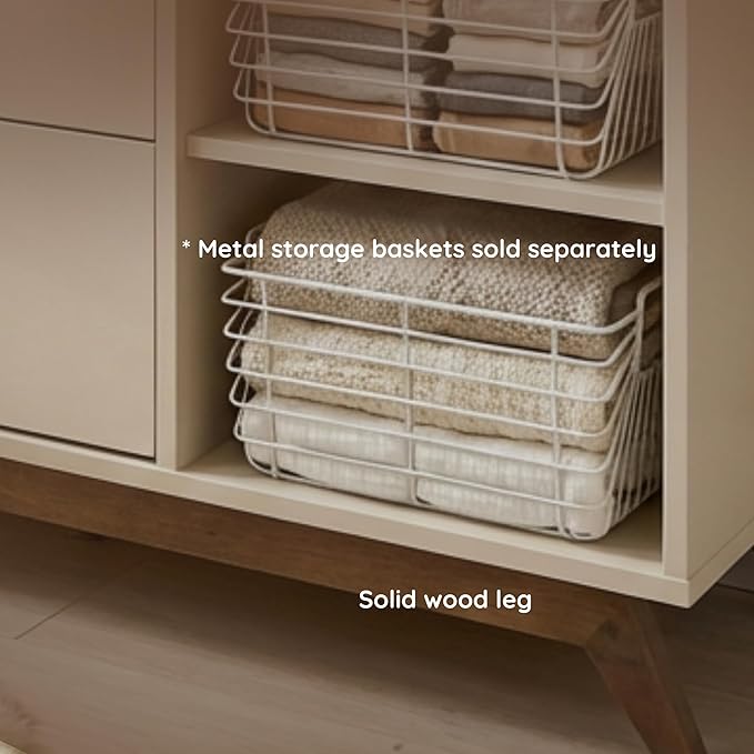 dadada Central Park 3-Drawer Dresser with Open Shelving - Modern Design, Baby-Safe Finish, Forged Steel Support, Sturdy Wood Legs, for Nursery, Kids or Teen Room, 47” Wide (Almond Milk+Walnut)