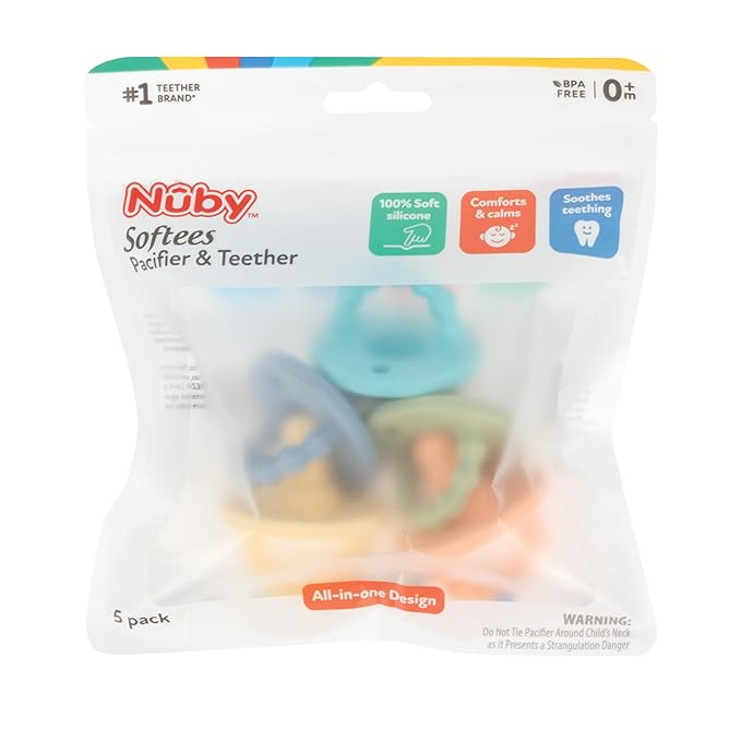 Nuby Silicone Softees Pacifier and Teethers - (5-Pack) Silicone Baby Pacifiers and Teethers - 0+ Months - Assorted Colors