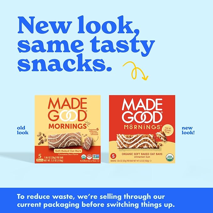 MadeGood Mornings Soft Baked Breakfast Bars, Cinnamon Bun 1.06 Oz (30 Count) Gluten Free Snacks