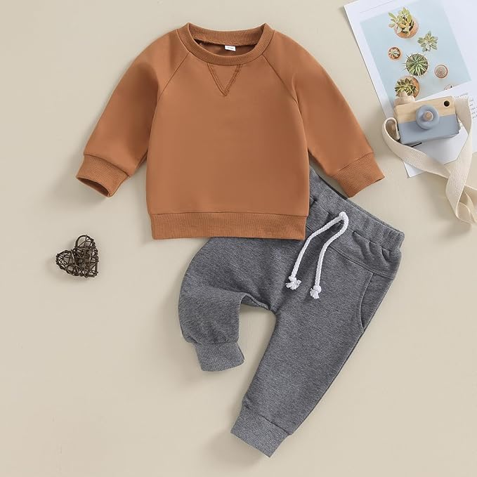 Toddler Baby Boy Clothes Solid Color Long Sleeve Crewneck Sweatshirt Top Casual Pants Set 2Pcs Fall Winter Outfits