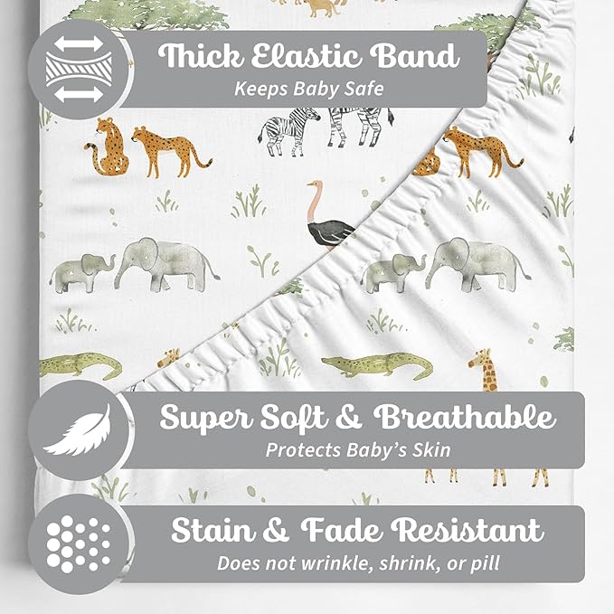 Baby Bassinet Sheets for Boy, Girl (Safari Adventures) 2-Pack - Fitted Bedside Bassinet Sheets - Buttery Soft Cotton Blend for Standard Mattress Pad