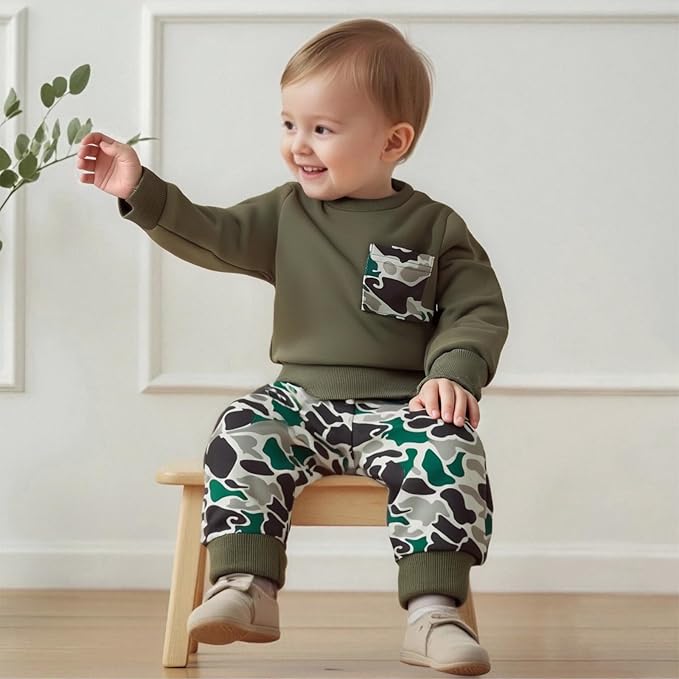 Toddler Boy Fall Winter Clothes Baby Camo Hunting Outfits Retro Pullover Sweatshirts + Camouflage Pants Set