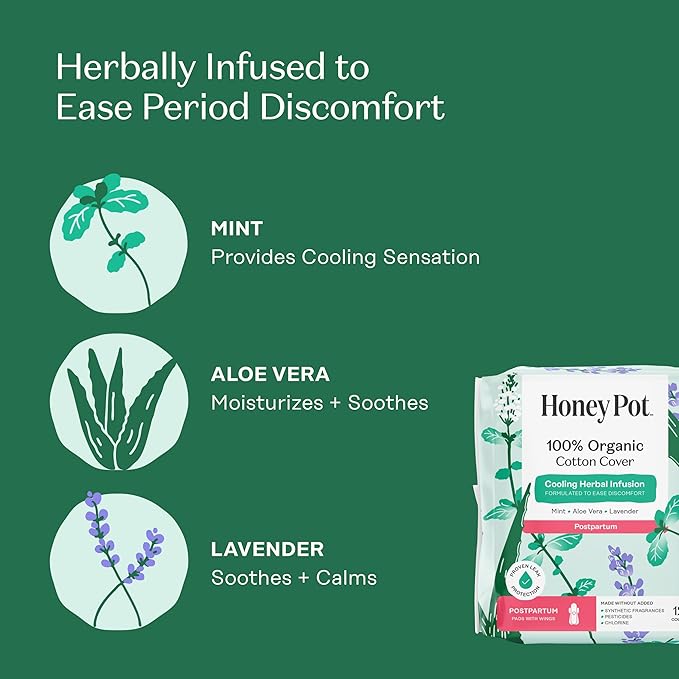 The Honey Pot Company - 48ct - Herbal Postpartum Pads w/Wings - Infused w/Essential Oils for Cooling Effect, Organic Cotton Cover, & Ultra-Absorbent - Feminine Care