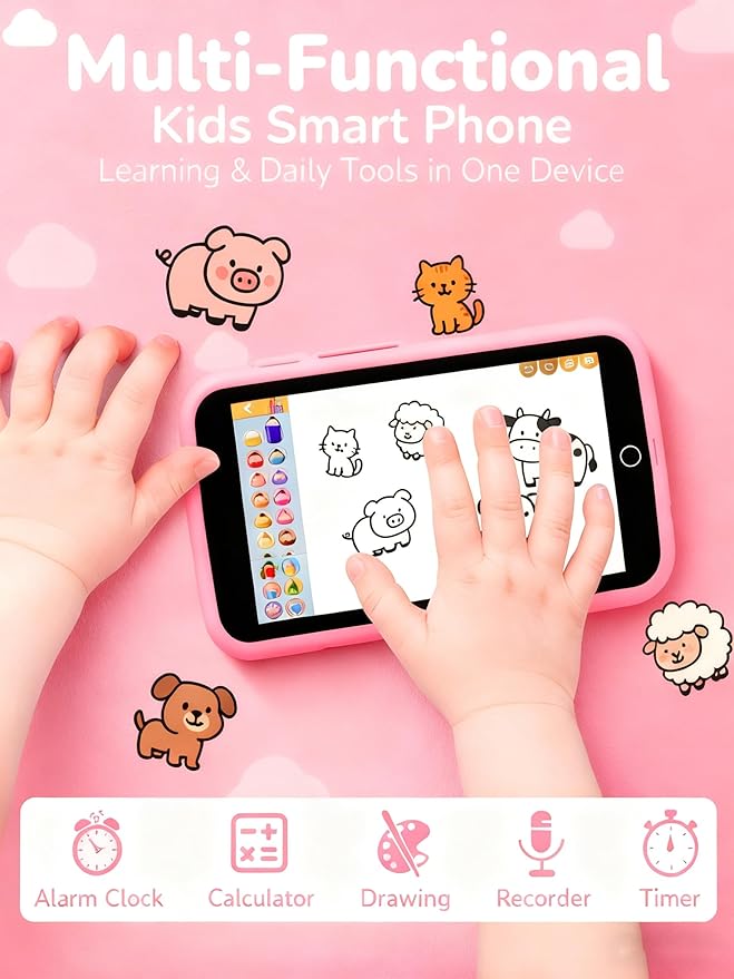 Kids Phone, Kids Smart Phone with 220+ Educational Games, 3.97" Touchscreen Learning Smart Phone Toy, 5MP Rear Camera, No SIM/Wi-Fi, Parental Controls, Rechargeable for Girls Ages 3–12