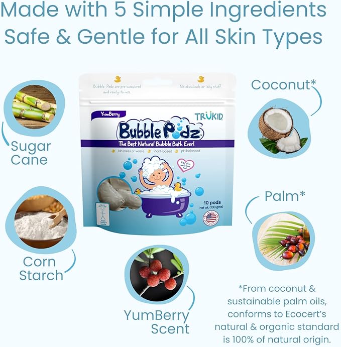 TruKid Bubble Podz Bubble Bath for Kids, Toddlers, & Babies, Tear Free Gentle & Refreshing Bath Bomb for Sensitive Skin with Natural Moisturizers, Non-Toxic, pH Balanced, Yumberry Scent (24 Podz)