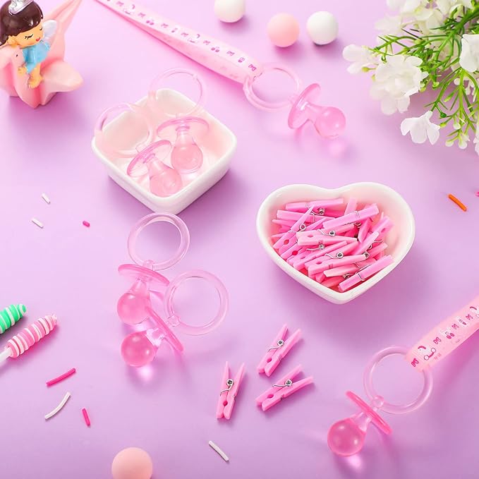 Tondiamo 48 Pieces Baby Pacifiers Party Favors with 24 Plastic Pacifiers and 24 Mini Clothes Pins Transparent Baby Showers Pacifiers Necklace Baby Girl Boy Pacifier Necklace for Party Favor(Pink)