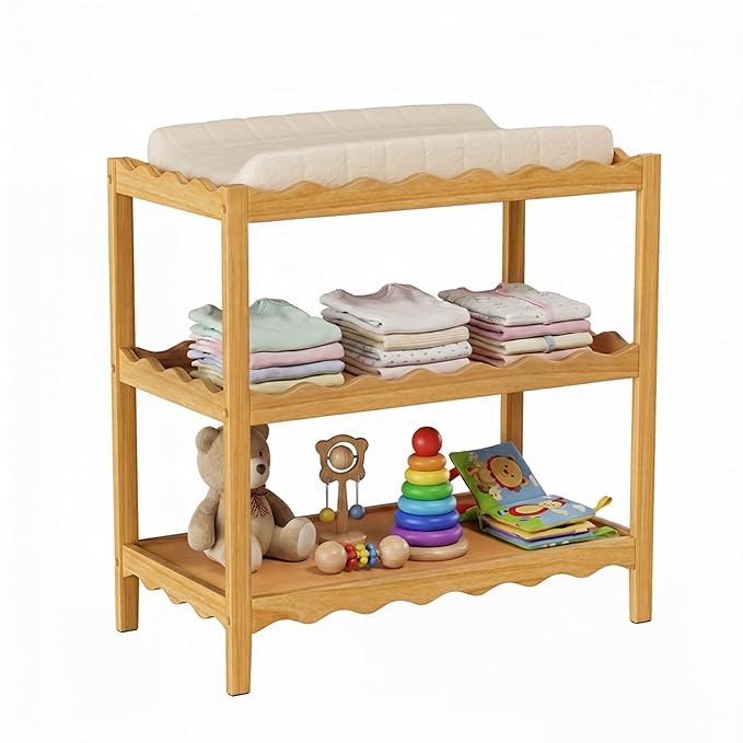 Baby Changing Table, Portable Changing Table, Compact and Lightweight, Solid New Zealand Pinewood, Two Storage Wave-Shaped Shelves, Nursery Organizer, Natural Wood