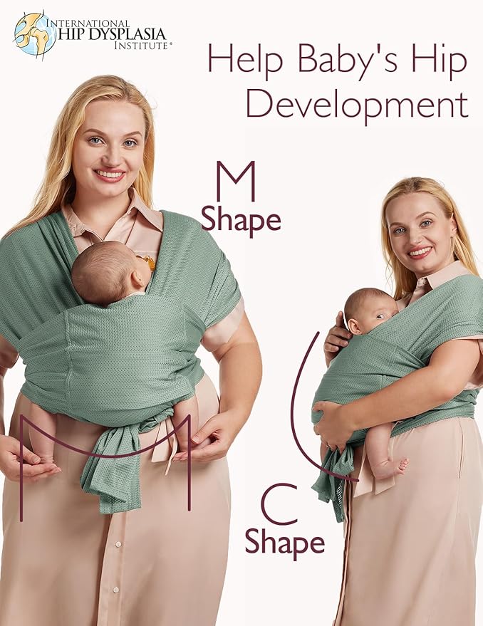Momcozy Adjustable Buckle Baby Wrap Carrier Cooling Air-Mesh, Easy to Wear Baby Carrier Sling, Baby Carriers Newborn to Toddler 8-35lbs, Suit for Waist 47-57inch,Plus Size Grey Green