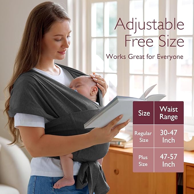 Momcozy Baby Wrap Carrier Skin-Friendly Fabric, Easy to Wear Baby Carrier Sling T-Shirt Design, Hands Free Baby Carriers Newborn to Toddler 8-35lbs, Adjustable Buckle for Waist 30-47inch, Deep Grey