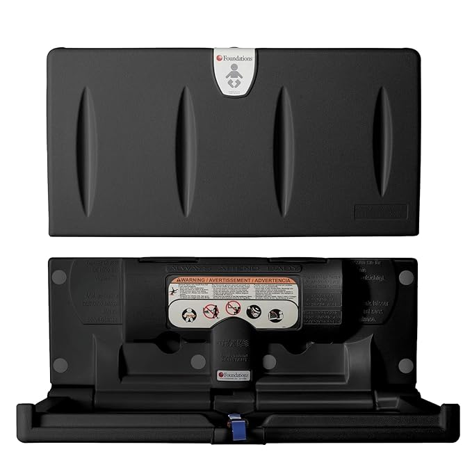 Foundations Classic Horizontal Baby Changing Station w/EZ Mount Backer Plate, Wall Mounted, One Handed Adjustable Safety Strap & Liner Dispenser, Black (100-EH-BP-02)