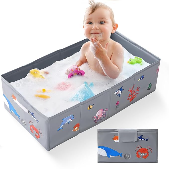 Portable Foldable Baby Bathtub with Drain Plug, 30" L x 15.2" W x 8.6" H Kids Travel Tub, Converts Shower to Tub, No Assembly Folds Flat for Storage, for Infant Toddler 6M-5 Years, Gray