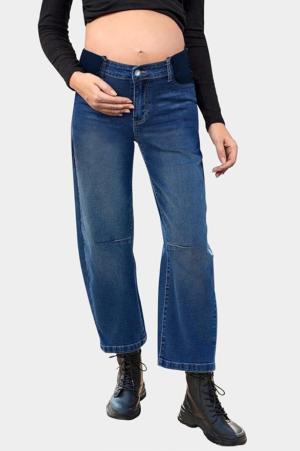 BLENCOT Women's Maternity Jeans Elastic Hight Waist Stretch Barrel Jeans Wide Leg Side Panel Pregnancy Denim Pants