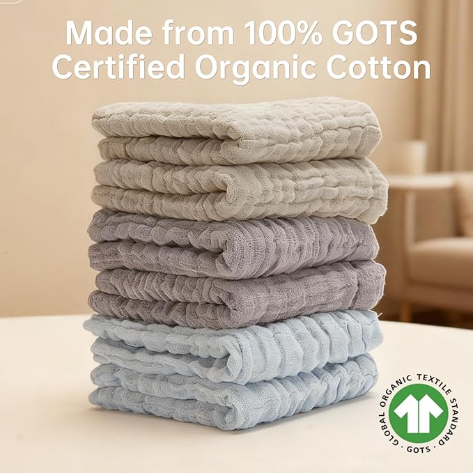 Organic Muslin Baby Washcloths 6 Pack Baby Bath Face Towel 12x12 Inch Extra Absorbent and Soft Burp Cloth and Wash Cloths for Newborn-Infants On Sensitive Skin (Blue Brown Grey)